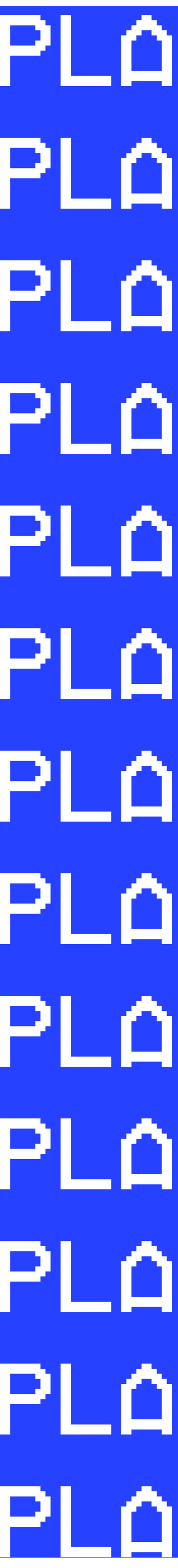 Vertical repeating pattern of the pixelated word 'PLAY' in white on a solid blue background, arranged top to bottom.